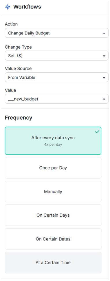 Workflows panel showing action configuration and frequency