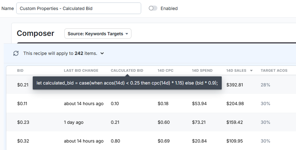 Example of a calculated bid custom property