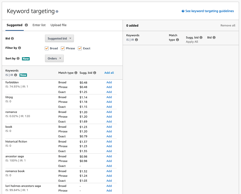 Image: Under the Keyword Targeting heading is the Suggested tab, Amazon's list of suggested keywords for a book.