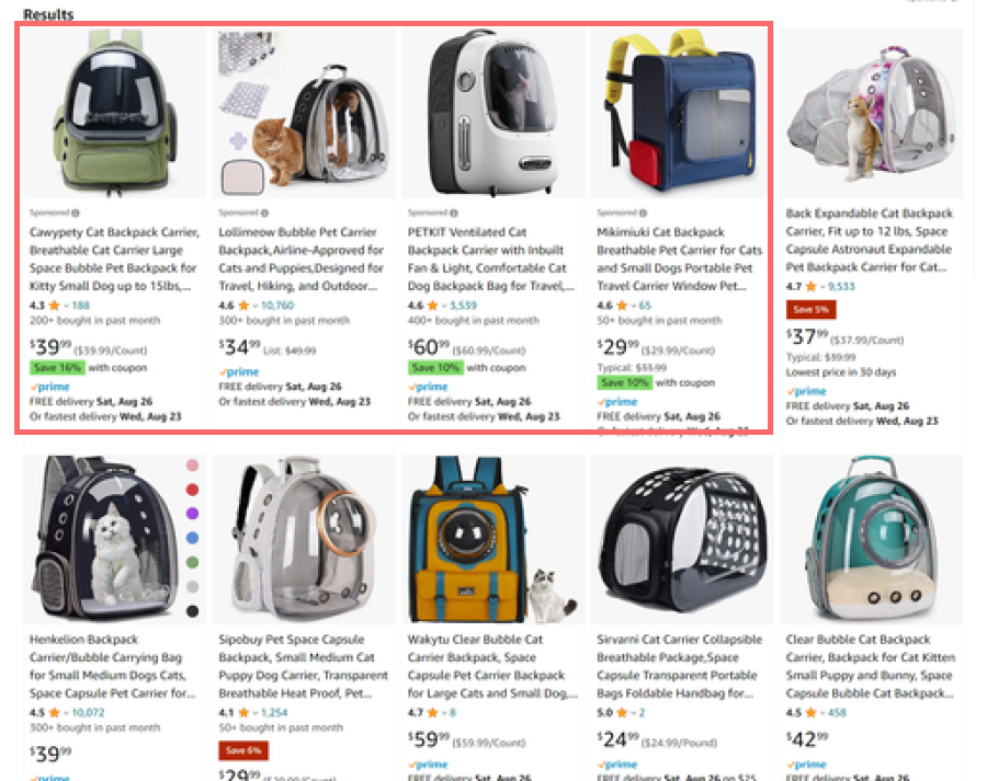 Amazon search results sponsored listings